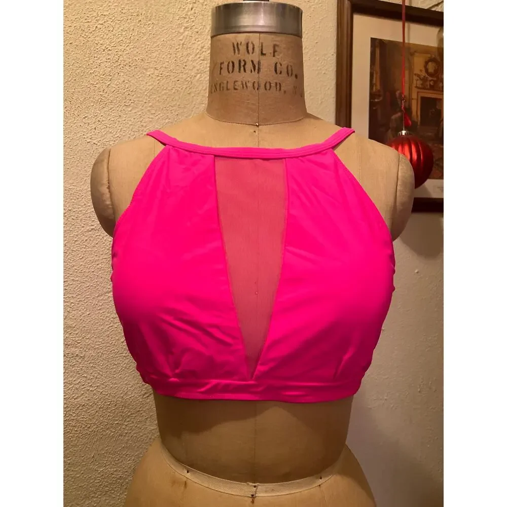 Sheer Mesh Deep Plunge Tankini Bikini Swimsuit Top Pink NWT Size XL - Picture 3 of 8